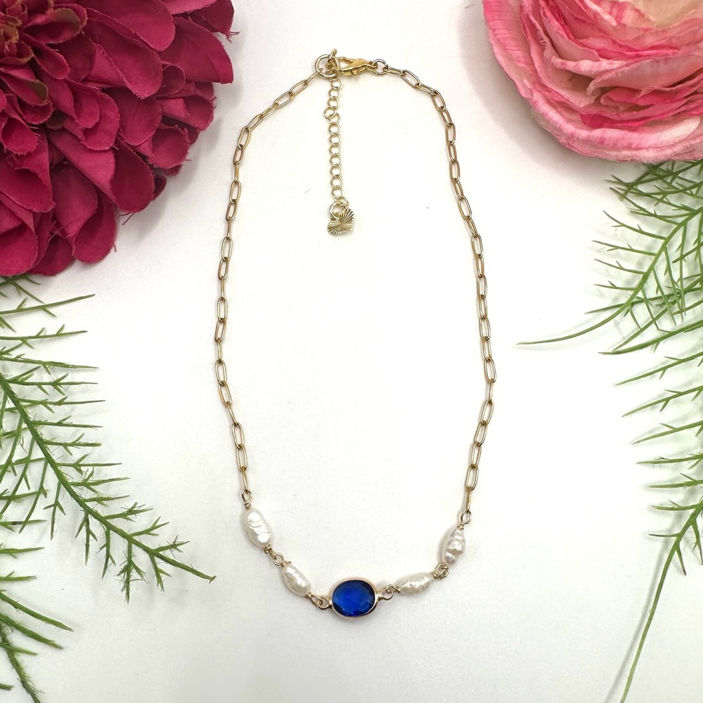 NEW⚜️Freshwater Baroque Pearl & Sapphire Crystal Necklace